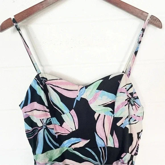 EUC Zara Linen Blend Tropical Print Corset Ruched Midi Dress Size Medium - Picture 8 of 17